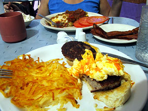 A table with breakfast food on it