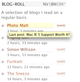 A screen shot showing a blog’s last post title as a tooltip
